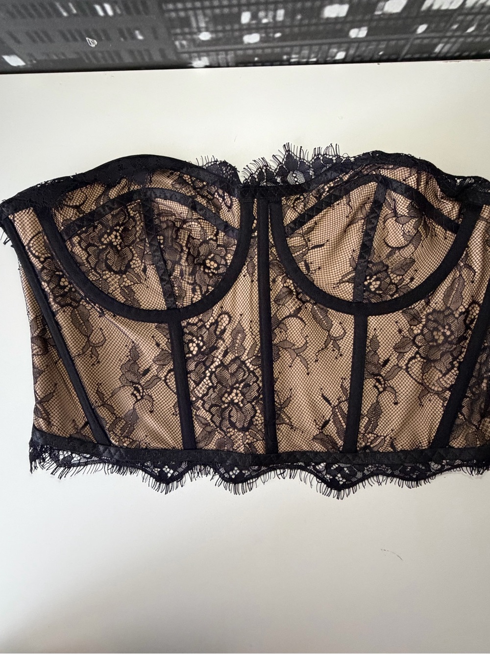 SHEIN Black Lace Bustier Corset Top with Nude Underlay